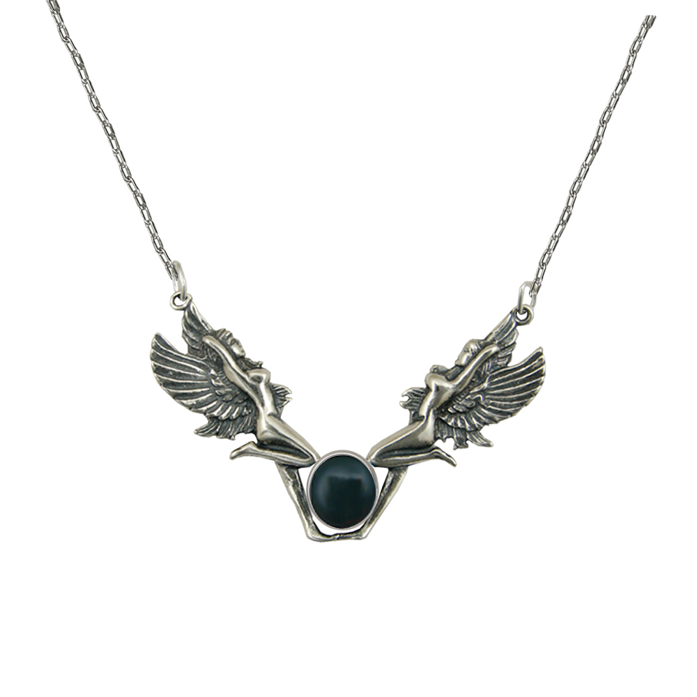 Sterling Silver Double Fairies Necklace With Bloodstone